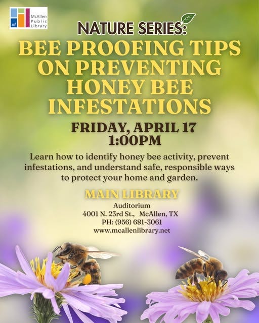 May be an image of text that says 'W McAllen Public Library NATURE SERIES: BEE PROOFING TIPS ON PREVENTING HONEY BEE INFESTATIONS FRIDAY, APRIL 17 1:00M Learn how to identify honey bee activity, prevent infestations, and understand safe, responsible ways to protect your home and garden. MAIN LIBRARY Auditorium 4001 N. 23rd St., McAllen, T PH: (956) H:(956)681-3061 681-3061 www.mcallenlibrary.net' May be an image of text that says 'W McAllen Public Library NATURE SERIES: BEE PROOFING TIPS ON PREVENTING HONEY BEE INFESTATIONS FRIDAY, APRIL 17 1:00M Learn how to identify honey bee activity, prevent infestations, and understand safe, responsible ways to protect your home and garden. MAIN LIBRARY Auditorium 4001 N. 23rd St., McAllen, T PH: (956) H:(956)681-3061 681-3061 www.mcallenlibrary.net'