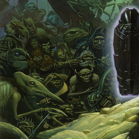 LEFT: Detail from THE ADVERSARY featuring a black metal sarcophagus crackling with purple energy as it hovers mid air. In the background left, creatures of all variety gather while on the right a cast of humans congregate. The human wardrobe varies from rich cloth to humble robes to blue spiked armor. CENTER: Creature detail from THE ADVERSARY featuring monsters, including a spider, lizard-man, and a rat-faced humanoid. Foremost among them is a creature with long birdlike beak. Three cords dangle from its thin forelimb, which ends in an insectile claw. The emblems hanging there feature the copyright symbol, the artists sigil—a stylized M and W combined within a circle—and the date 84. RIGHT: Background detail from THE ADVERSARY featuring a cast of dozens of humans that includes a young Alexa flashing dimples at the bottom edge of the panel. Audrey is mixed into the crowd behind an arrogant man with golden circlet in his red hair, who is decked out in golden jacket.