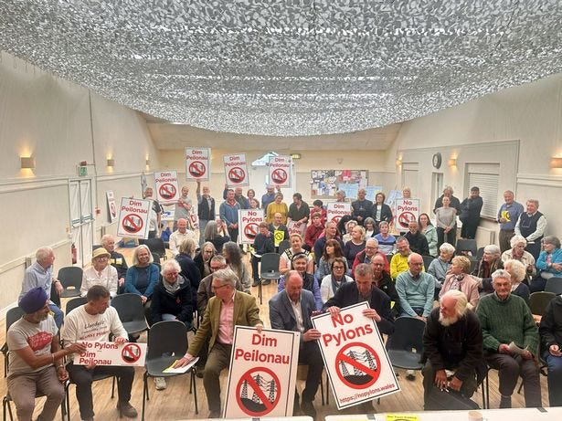 Anti-pylon protesters in Carmarthenshire gather to raise concerns over plans by Green GEN Cymru to erect transmission routes through the Mid Wales countryside