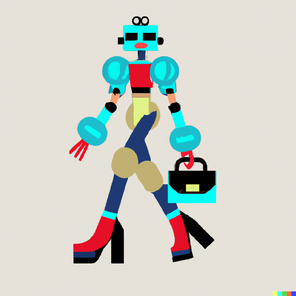 a robot that is wearing heels and has a cool bag strutting the cat walk