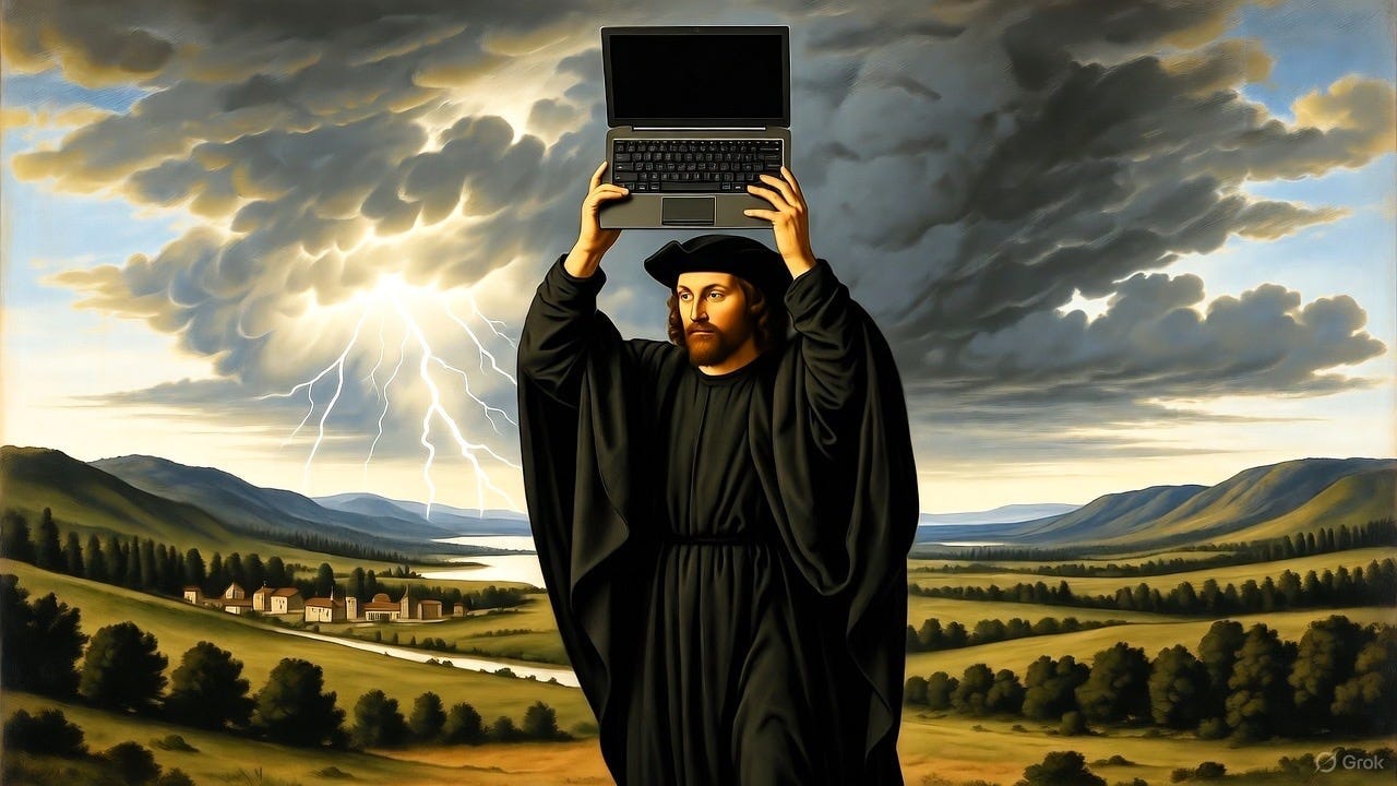 A Marlowe like figure holding a laptop in the air