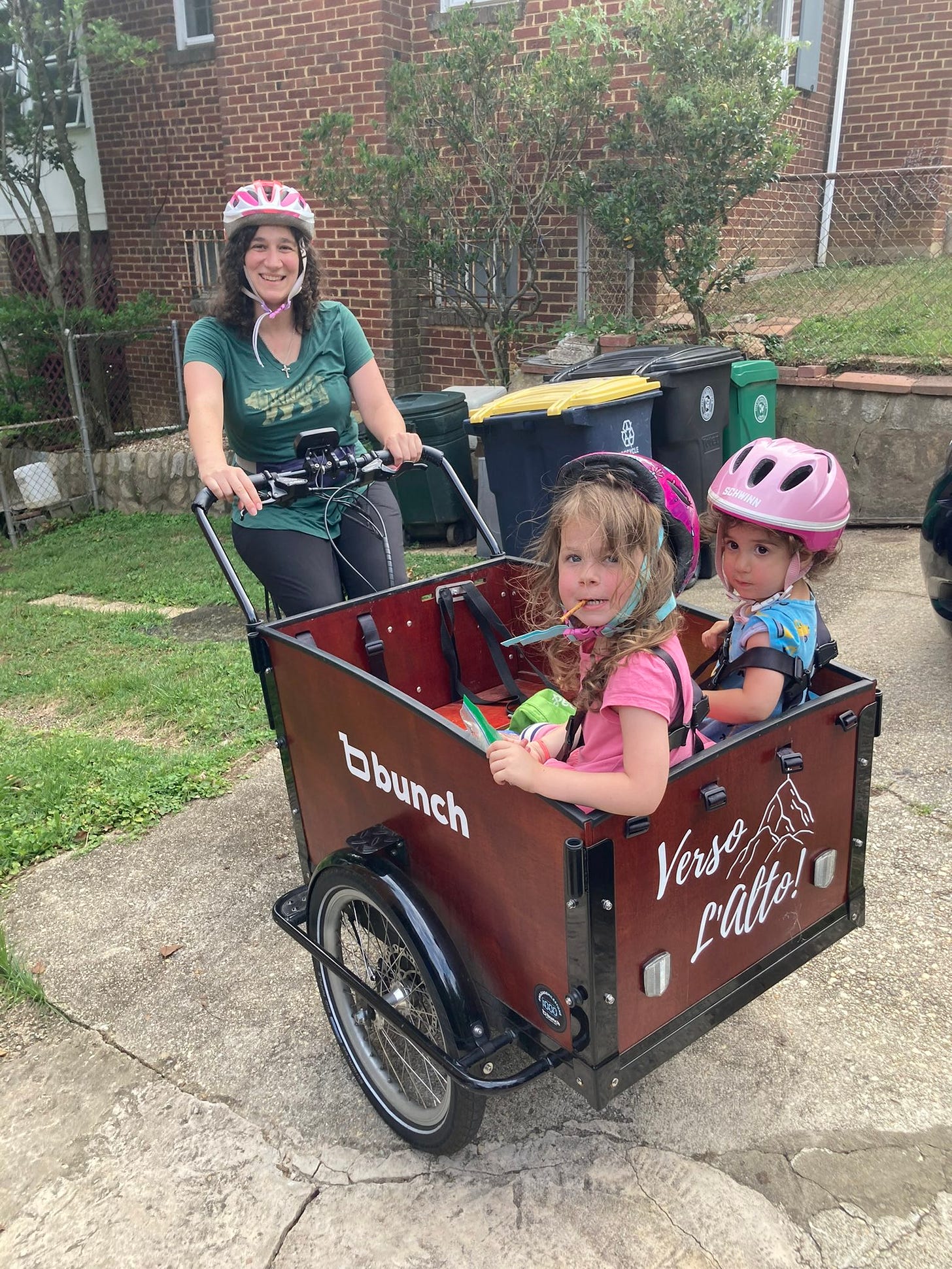 Photo of Leah and her two girls in a tricycle cargo bike Photo of Leah and her two girls in a tricycle cargo bike