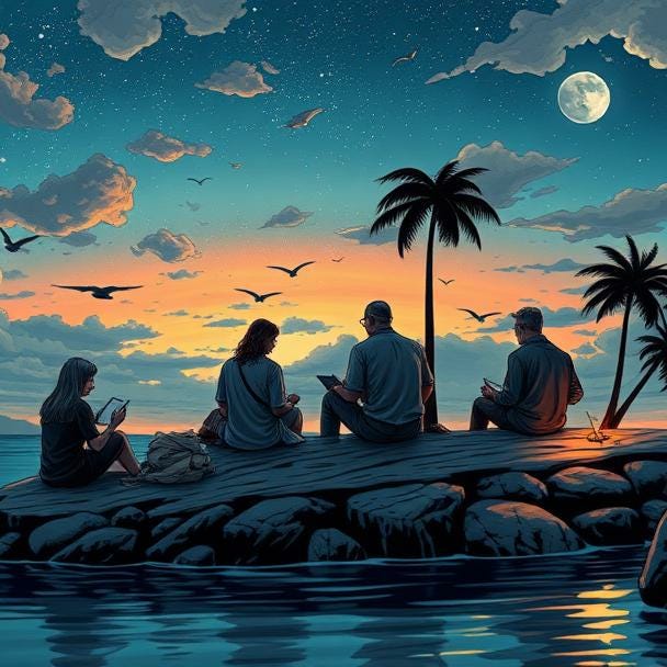 A backside view of two men and two women sitting together on a small island of slate grey rocks, reading or writing together on hand-held devices.  Three dark palm trees are to the right of the two men, and several sea birds are flying in the part of the sky that is the pink and orange of a sunset. Above the sunset sky is a darker shade of blue with a bright full moon.