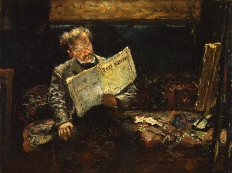 'Kunstenaar in zijn atelier leest l'Art Moderne' Olieverf op doek: David Oyens