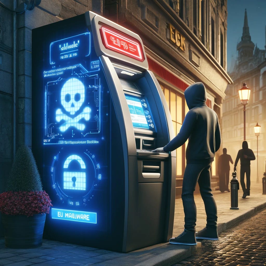 A realistic 3D scene illustrating EU ATM malware. The focus is on an ATM machine in a European city, with a screen displaying an error message and digital skull icons indicating malware. Nearby, shadowy figures in hoodies are manipulating the ATM. The background features a busy street with European architectural elements and people passing by, unaware of the cyber threat. The scene has a dark and tense atmosphere with blue and red tones highlighting the malware attack.