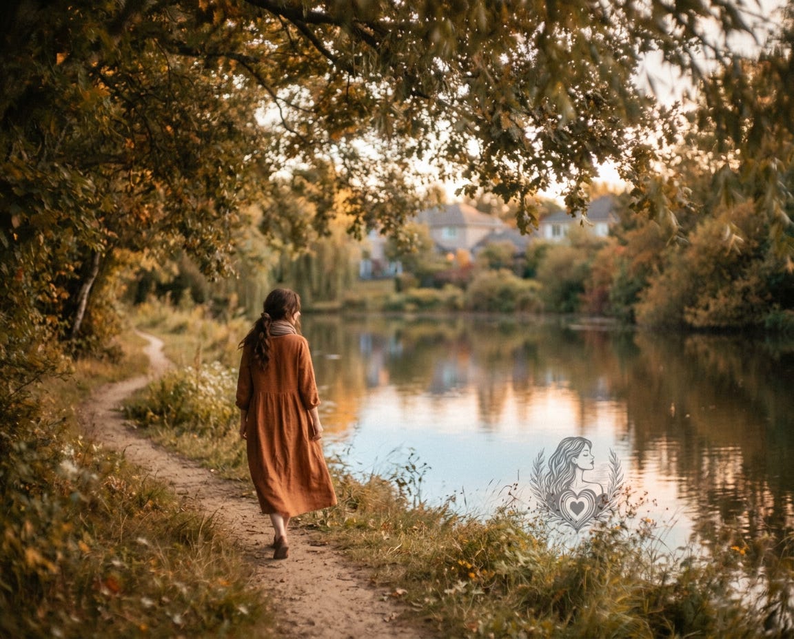A woman walking alone along a quiet neighborhood pond