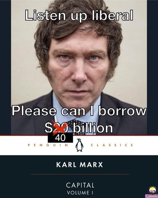 Book cover titled Capital Volume I by Karl Marx in Penguin Classics edition with black background and orange accents showing author name and title. Overlaid white text reads Listen up liberal at top and Please can I borrow 20 billion at bottom. Two penguin icons positioned near the text overlays. Man with brown hair and suit visible in background behind text.
