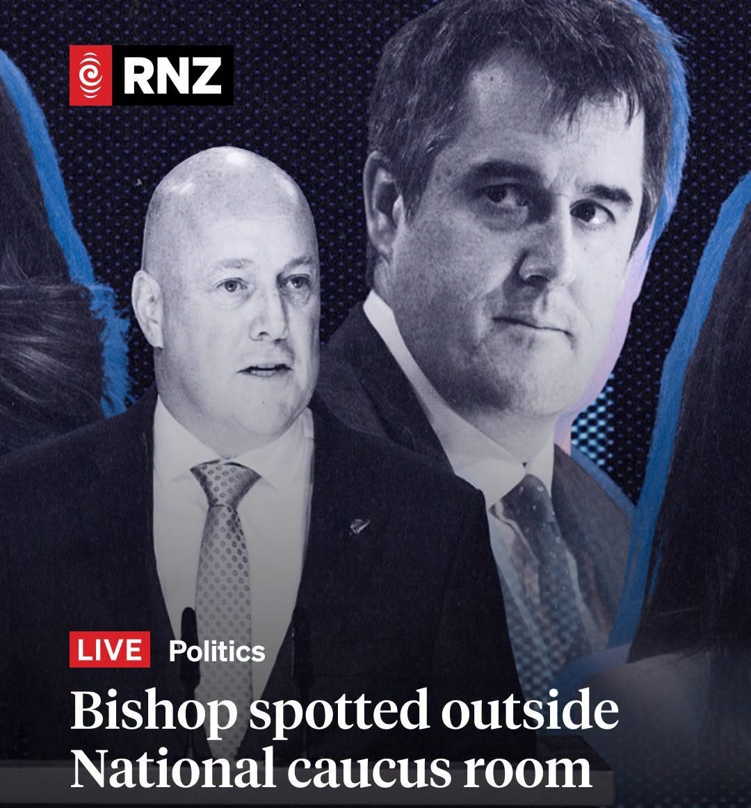 May be an image of text that says "ල RNZ LIVE Politics Politics Bishop spotted outside National caucus room Link Linkincomments in comments"