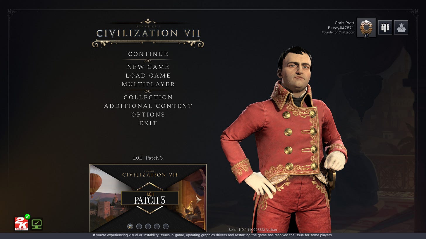 Civ 7 title screen, featuring a leader on the right side of menu options (in this case, Napoleon.)