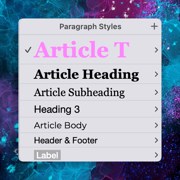Screenshots of Apple Pages, showing different paragraph styles for my articles.