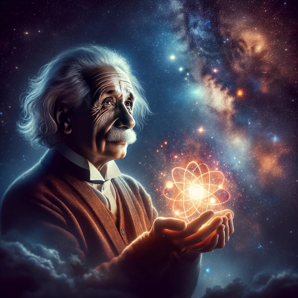 An inspiring portrait of Albert Einstein standing in front of a starry universe background, holding a glowing representation of the cosmos in his hands. His expression is thoughtful and awe-inspiring, as he gazes towards the horizon, embodying the essence of curiosity and wonder. The setting is mystical and evokes a sense of exploration and discovery, symbolizing Einstein's contributions to our understanding of the universe. The image should capture the spirit of curiosity, intelligence, and the infinite possibilities of the mind.