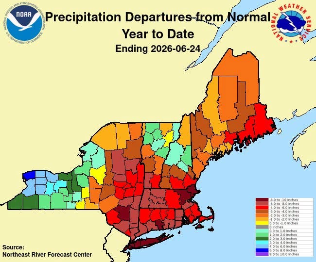 May be an image of map and text that says 'ATMOSiP NORA c Precipitation Departures-fro from Normal Year to Date Ending 2026-06-24 EATH -10 nches Source: Northeast River Forecast Center 10t 2 nto. 0to-10anches 0te20inche 中か 200 0166.0inche 0te10.0Inches' May be an image of map and text that says 'ATMOSiP NORA c Precipitation Departures-fro from Normal Year to Date Ending 2026-06-24 EATH -10 nches Source: Northeast River Forecast Center 10t 2 nto. 0to-10anches 0te20inche 中か 200 0166.0inche 0te10.0Inches'