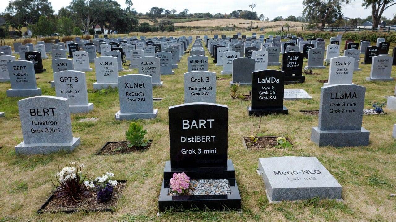 Can you generate me a field of gravestones with on gravestones the names of LLMs