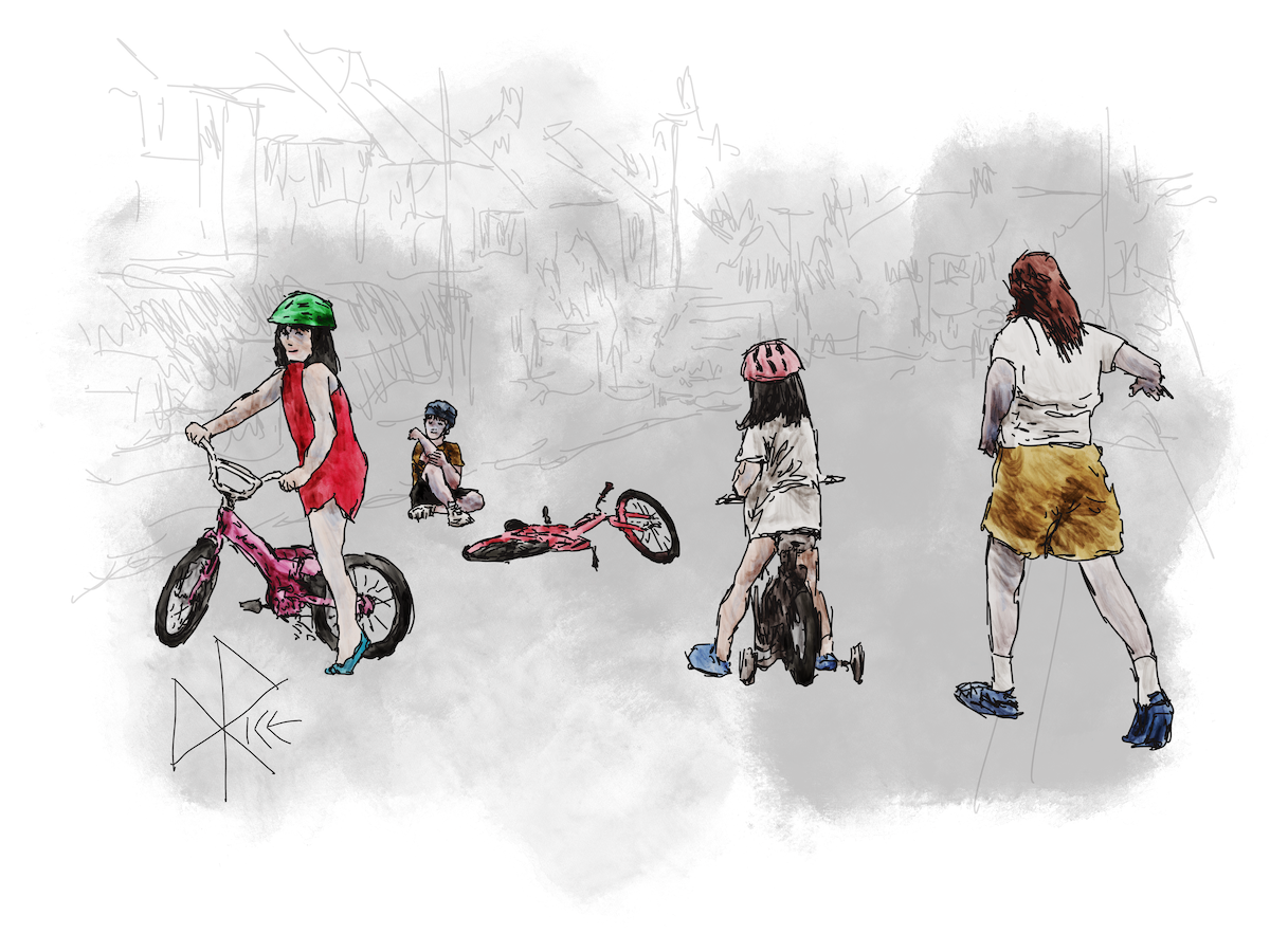 Three children ride bikes in a suburb, but one has crashed and he sits on the road holding his elbow. An adult runs in to see if all is well. Sketch art by Don Rice. Three children ride bikes in a suburb, but one has crashed and he sits on the road holding his elbow. An adult runs in to see if all is well. Sketch art by Don Rice.