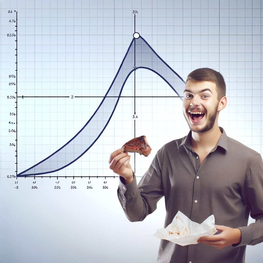 a young white male standing in front of a diagram of a normal distribution bell curve eating a steak