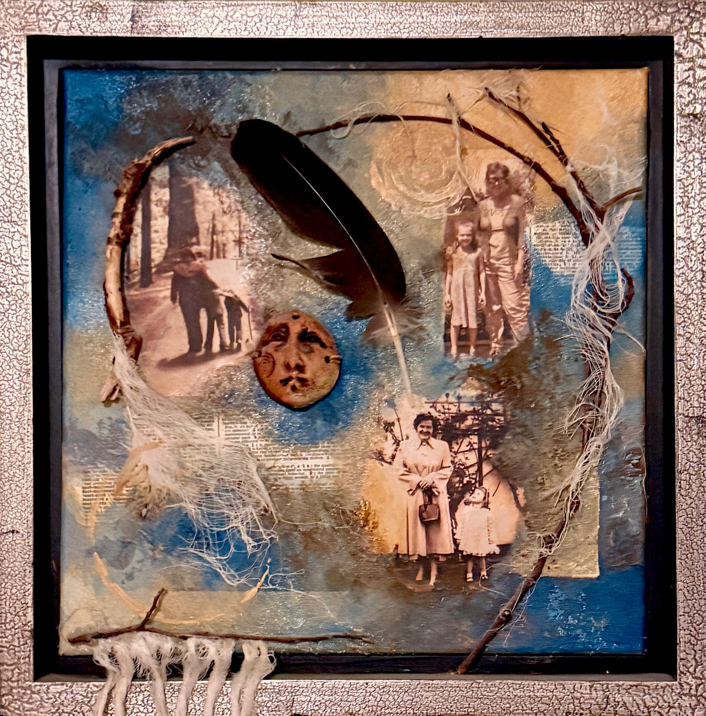 I created this collage in a workshop with Lyn Belisle in 2015, when she taught at one of my retreats. The three photos are: My mother and me, 1954; my boys and me, 1980; my granddaughter and me, 2014.