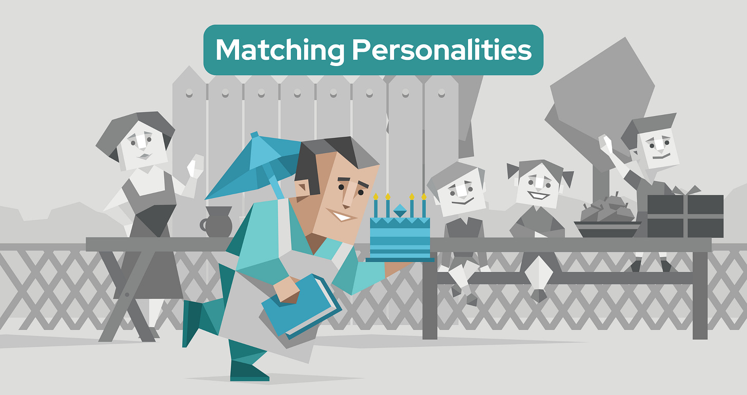 An ESFJ man at a lively outdoor party. The man wears a teal shirt and pants, an apron, and smiles while holding a blue birthday cake with lit candles in one hand and a book in the other. They have an umbrella resting on their shoulder. Behind, a woman in an apron and three children are positioned around a picnic table.