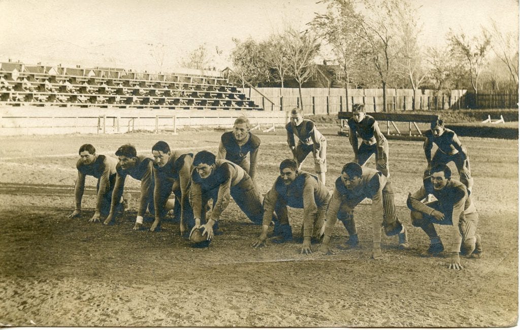 Colorado aligns in the classic traditional T formation with the quarterback slightly offset from the center.