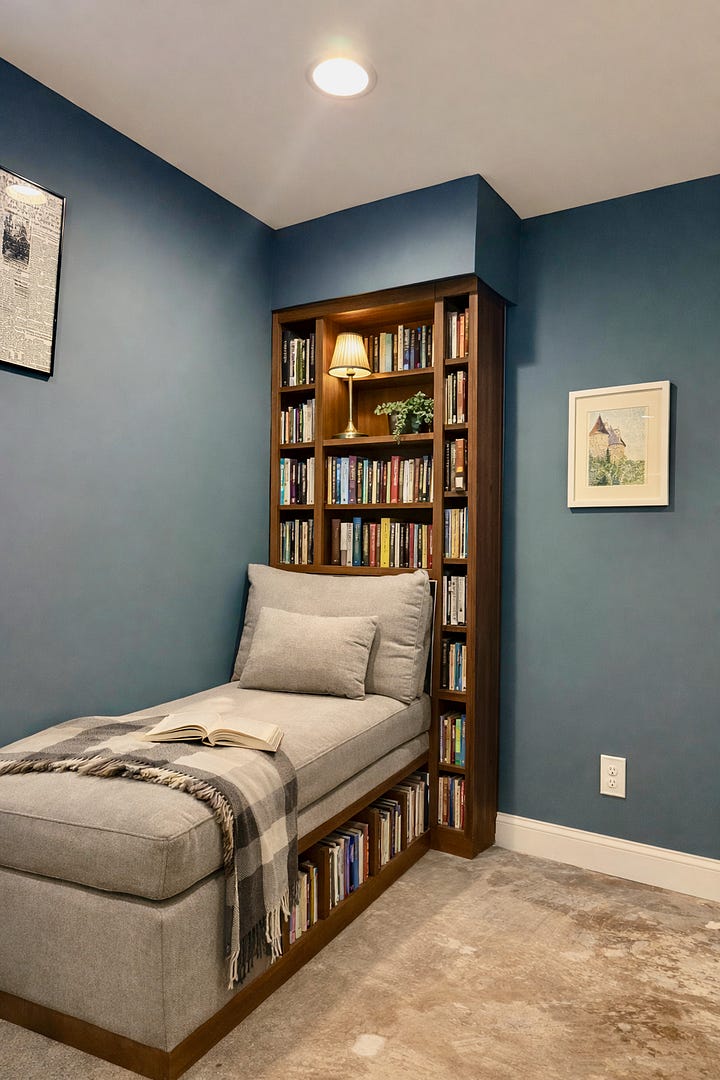 Four ai-generated images showing a cushioned reading bench and built-in bookshelf.