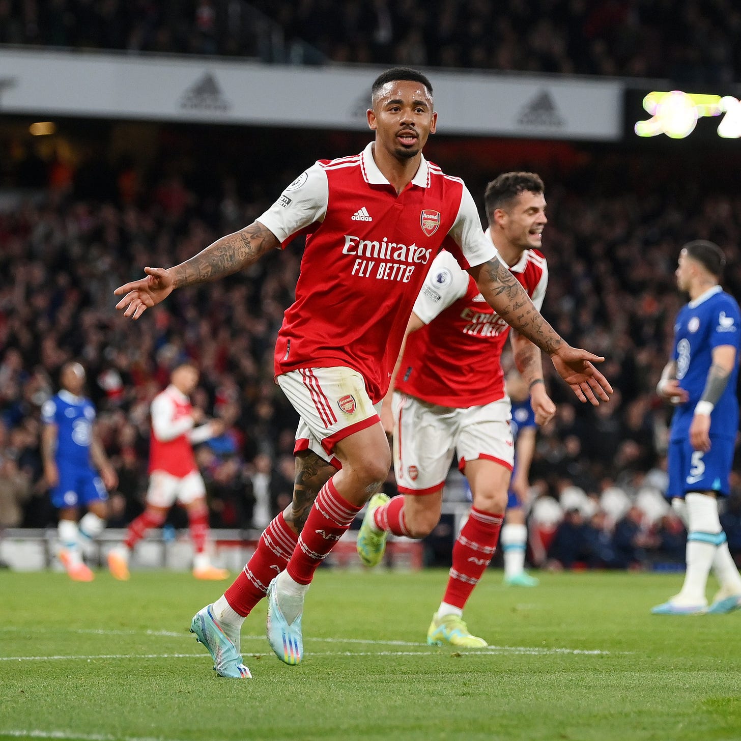 Gabriel Jesus wheels away in delight after making it three.