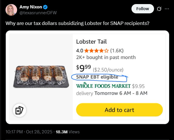 Tweet: "Why are our tax dollars subsidizing lobster rolls?"