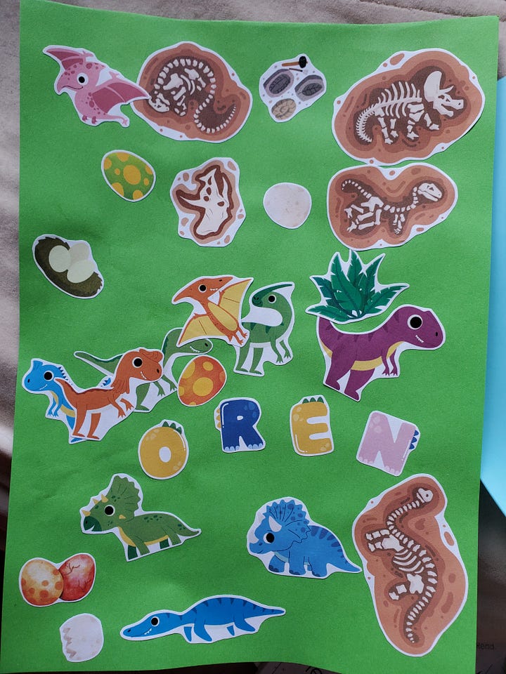 First photo: a collage of moths, butterflies, crystals, a bird, the moon, and a mermaid on a pink background. Second photo: dinosaurs, eggs, and fossils with the letters O-R-E-N against a green background.