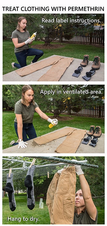 Image montague of a woman treating clothing with permethrin