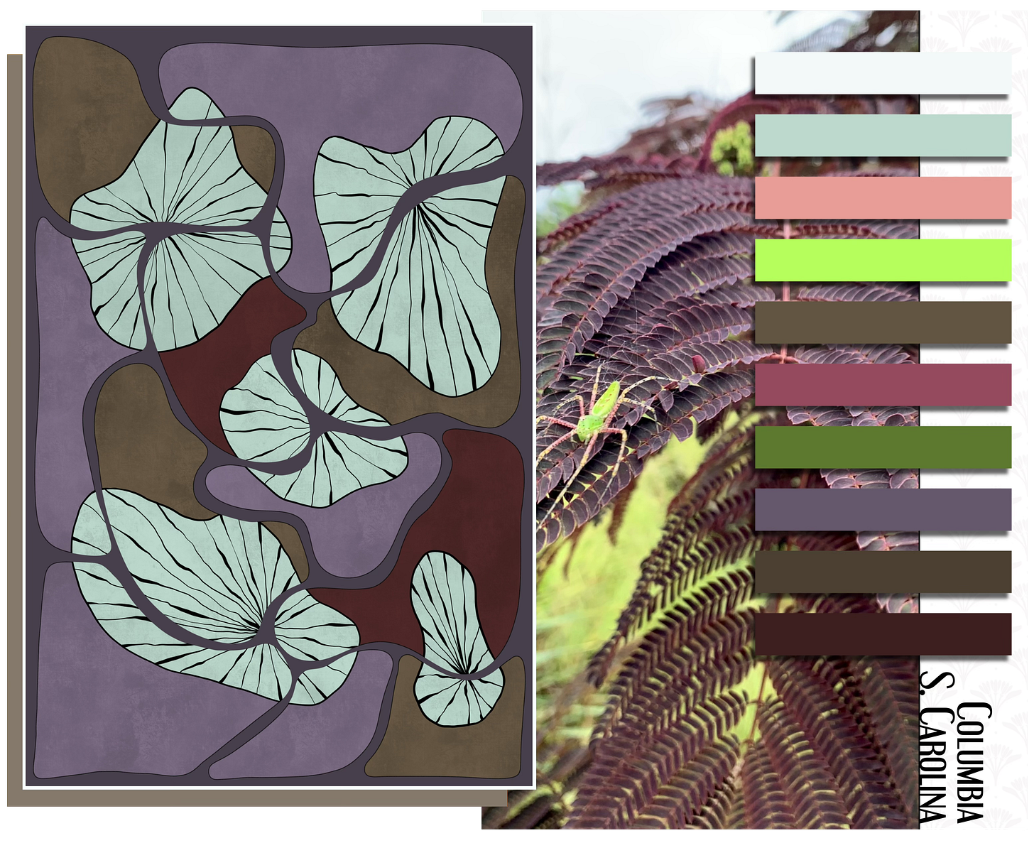Collage featuring a stylized illustration of overlapping botanical shapes, a close-up photo of purple-green fern fronds, and a muted palette labeled Columbia, South Carolina.