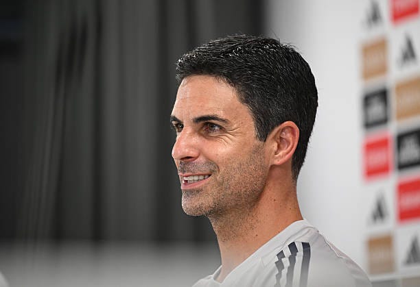 Arsenal manager Mikel Arteta attends a press conference at Sobha Realty Training Centre on August 15, 2025 in London Colney, England.