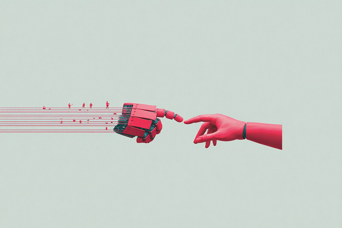illustration of a robot hand reaching for a human hand illustration of a robot hand reaching for a human hand