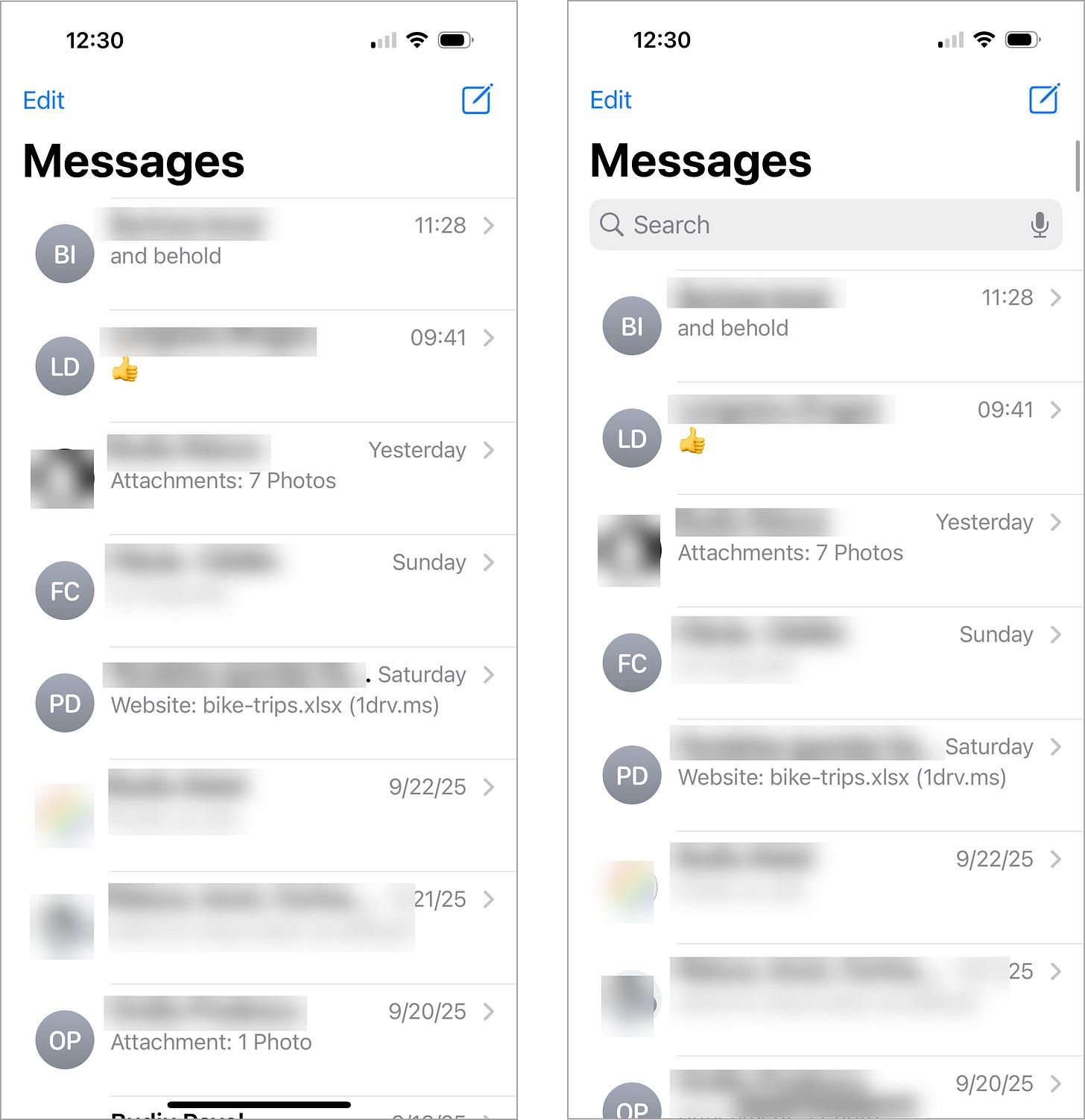A screenshot showing the old iOS design. It shows that the search bar was hidden by default, but would appear at the top if the user scrolled up. A screenshot showing the old iOS design. It shows that the search bar was hidden by default, but would appear at the top if the user scrolled up.