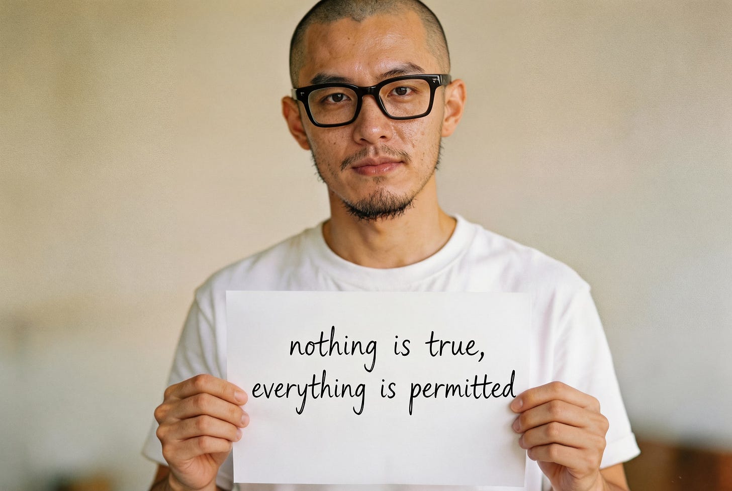 a 20-year-old Chinese man, with shaved head showing dark stubble, wearing black spectacles and a white T-shirt. He is holding a piece of paper up towards the camera; on the paper is written “nothing is true, everything is permitted” in hand-written letters with black sharpie.