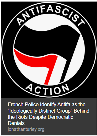 The image depicts the French police's identification of Antifa as an ideologically distinct group behind the riots, countered by Democratic denials. AI-generated content may be incorrect.