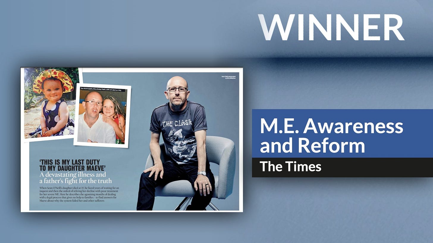 Image shows The Press Awards' image of Sean O'Neill with photos of his daugher Maeve Boothby O'Neill along with the text " This is my last duty to my daughter Maeve" and "A devastating illness and a father's fight for the truth"
