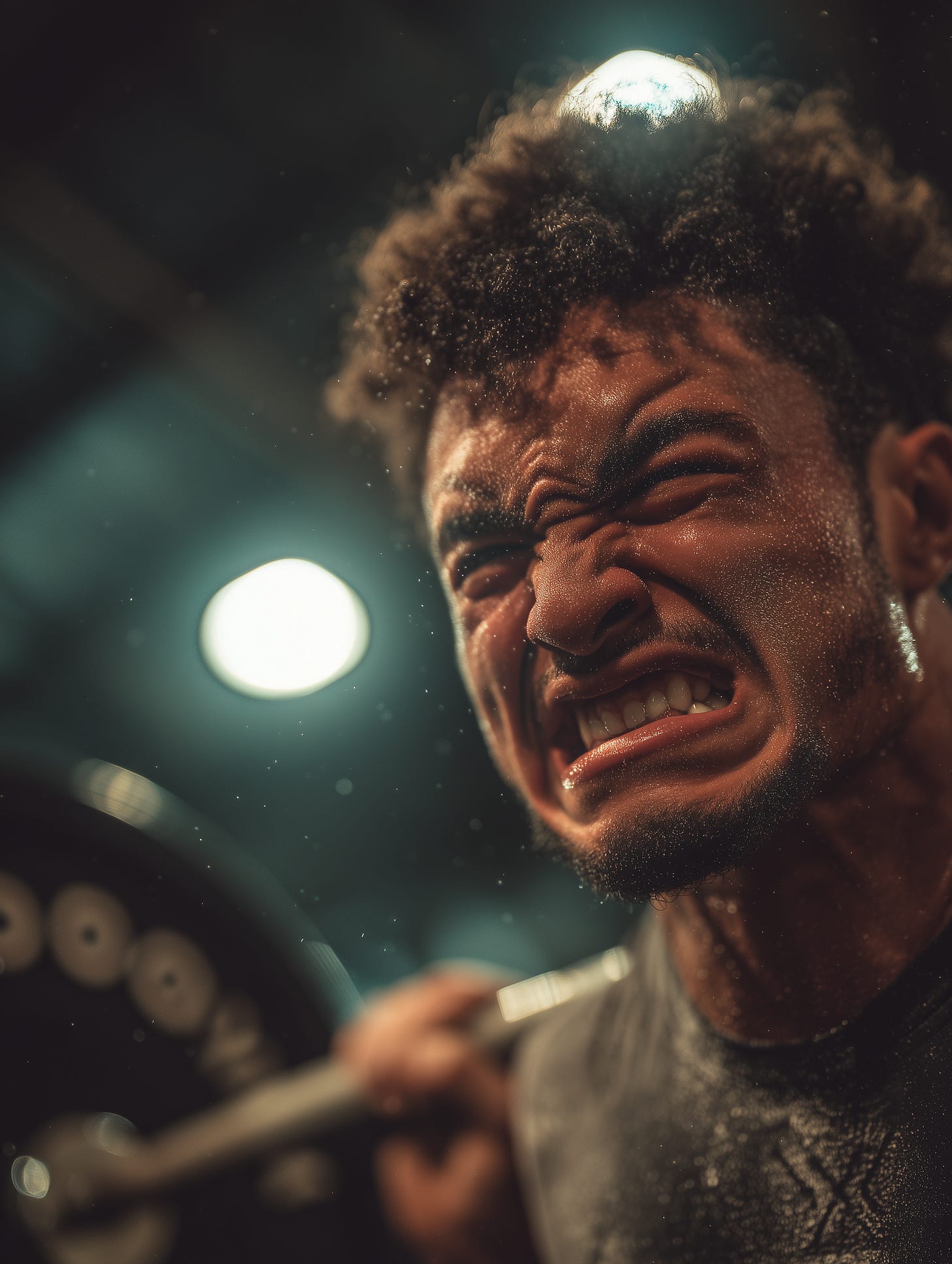 Man training to failure using the barbell back squat in the gym.
