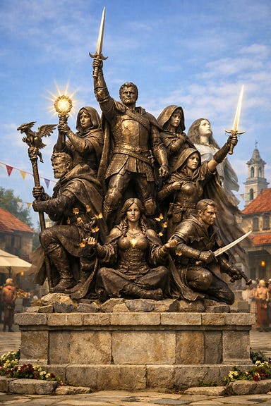 statue of the heroes in restored Berez town square depicting Fleetwood sword raised, Clarion Holy Symbol blazing, Ezmerelda crossbow ready, Felonious staff with dragonet perched, Silverleaf bow drawn, Greegan sabers gleaming, Arabelle butterflies swirling, Ireena Sun Sword aloft, Sasha unveiled eyes open to light statue of the heroes in restored Berez town square depicting Fleetwood sword raised, Clarion Holy Symbol blazing, Ezmerelda crossbow ready, Felonious staff with dragonet perched, Silverleaf bow drawn, Greegan sabers gleaming, Arabelle butterflies swirling, Ireena Sun Sword aloft, Sasha unveiled eyes open to light