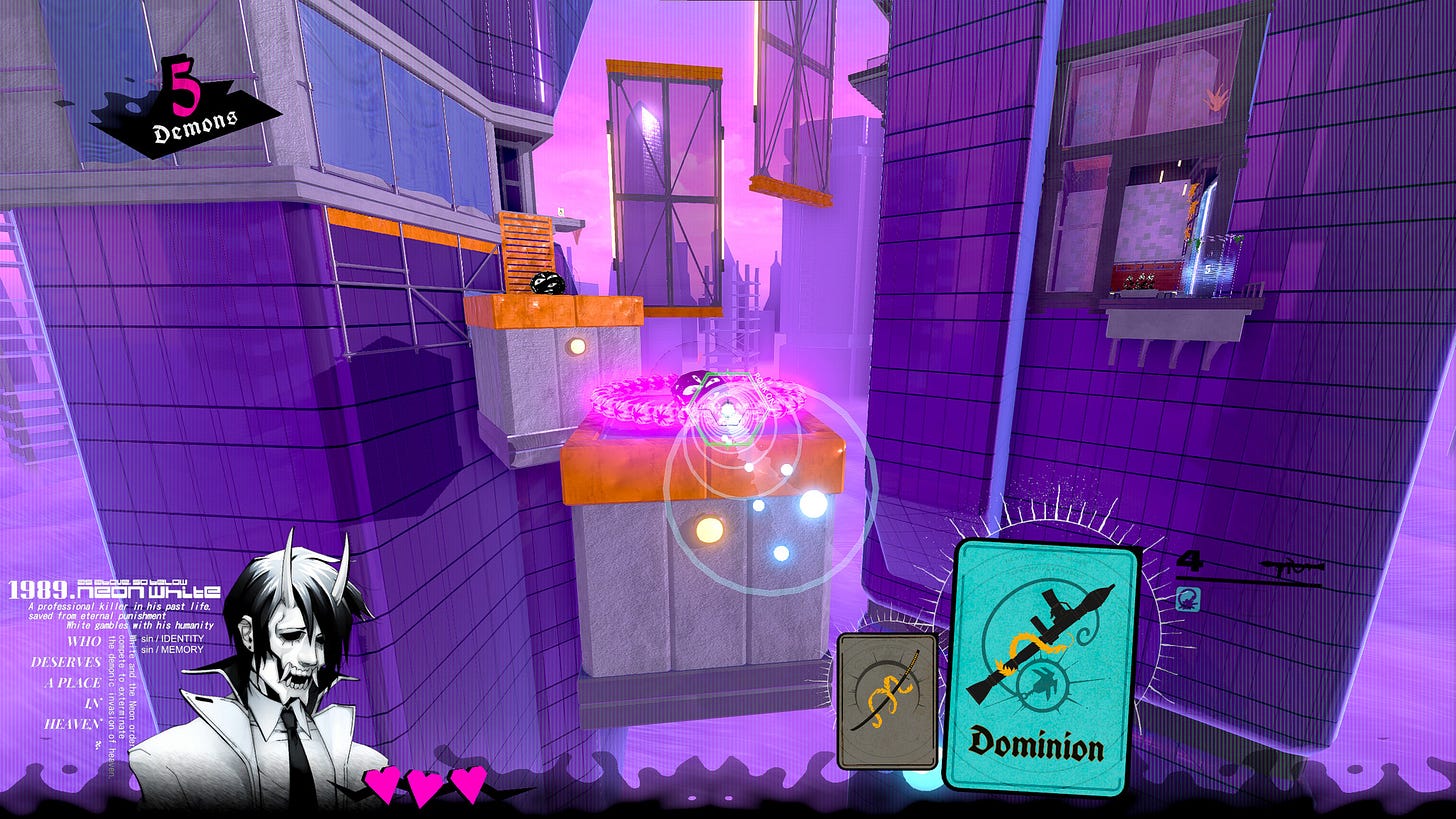Neon White gameplay screenshot, sklyscrapers in the background, player is using a rocket on a demon.
