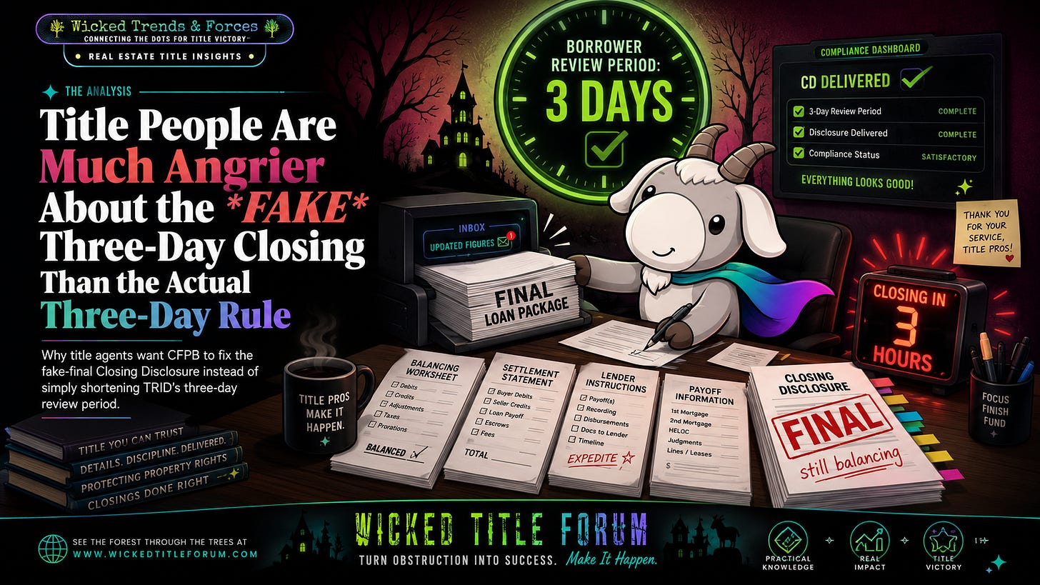 All of that redisclosure, tolerance, and change circumstances stuff leads us to Title and Escrow professionals telling CFPB that TRID’s three-day Closing Disclosure rule is not the real source of closing chaos. Their bigger complaint: the “final” CD can go out while balancing, underwriting and document preparation are still moving.