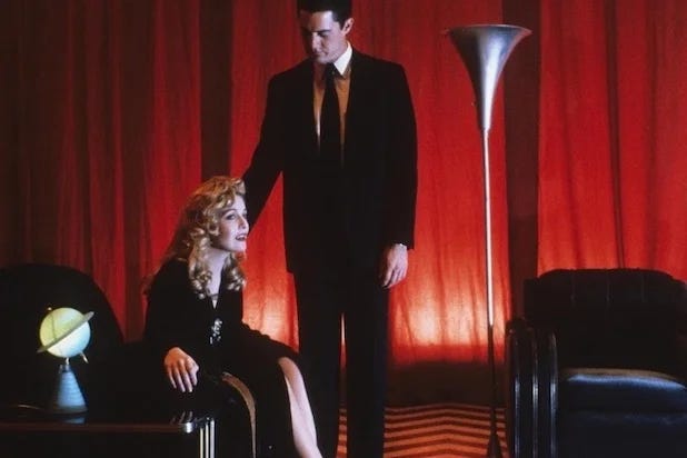 Agent Cooper and Laura Palmer in the Red Room within the Black Lodge in Twin Peaks