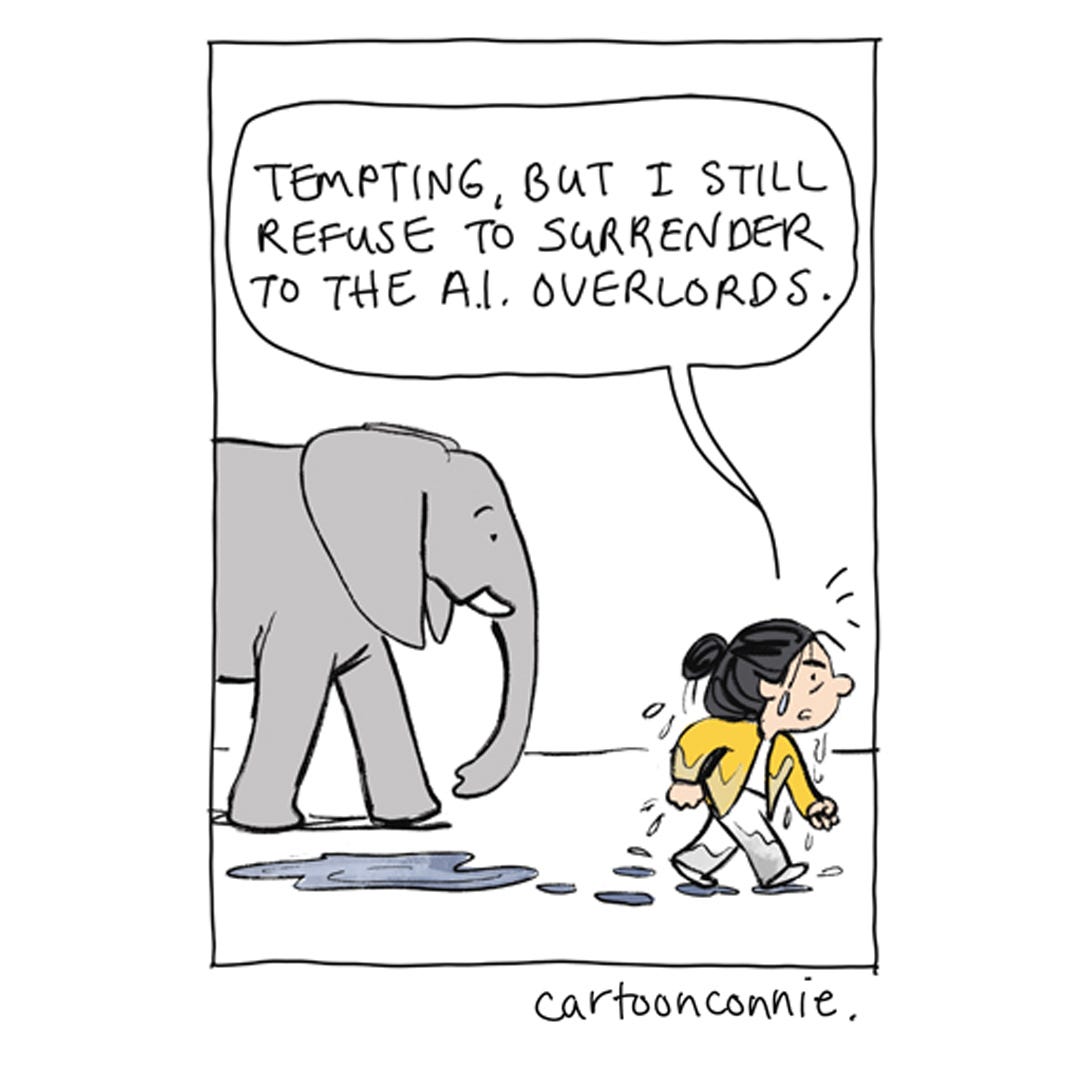 Illustrated excerpt from a 4-panel comic strip about weathering anxiety about change and disruption without A.I. chatbots, titled "The Temptation of A.I." by Connie Sun, cartoonconnie, 2026.