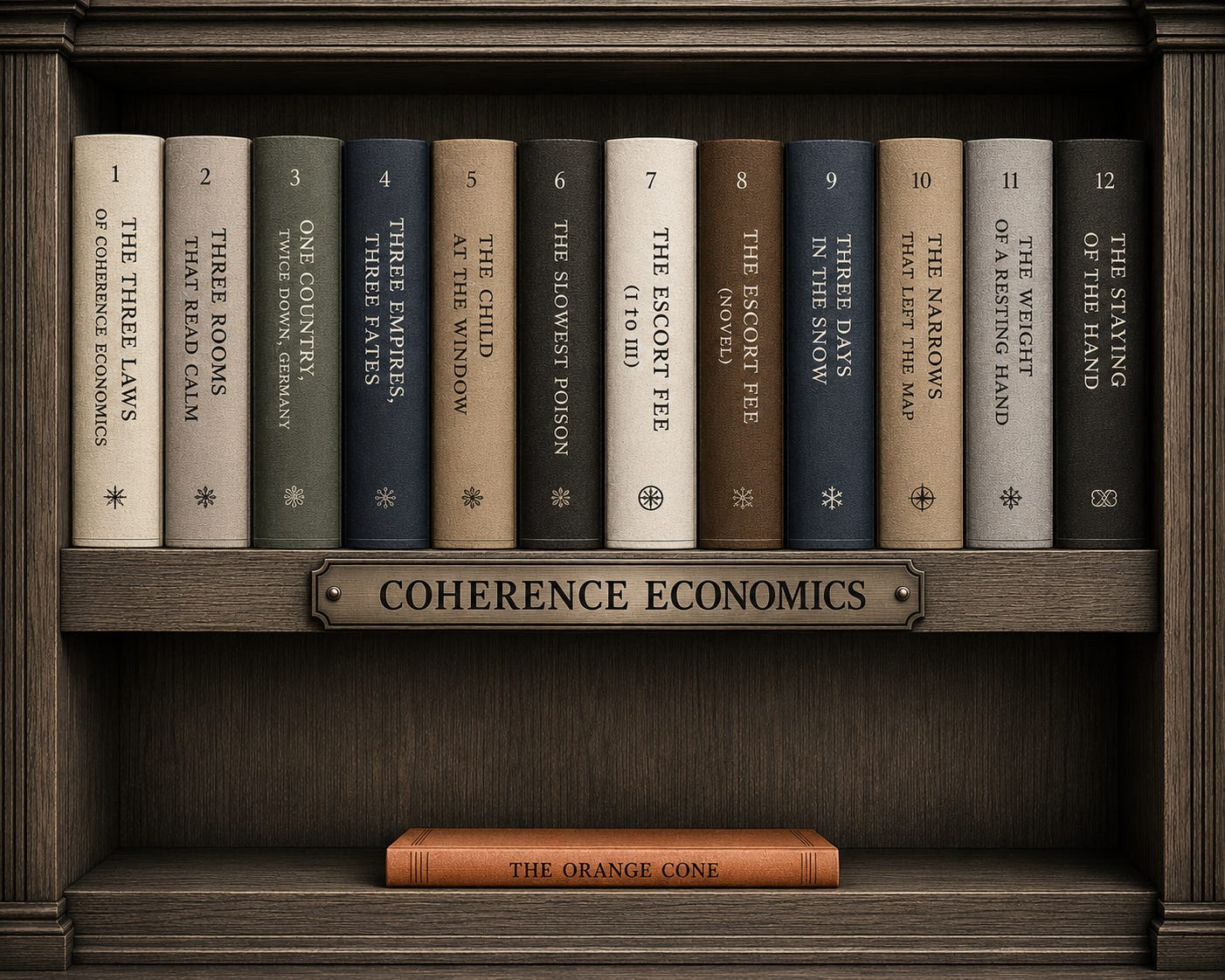 A bookshelf labeled Coherence Economics, holding twelve numbered volumes and, on the shelf below, a slim orange book titled The Orange Cone.