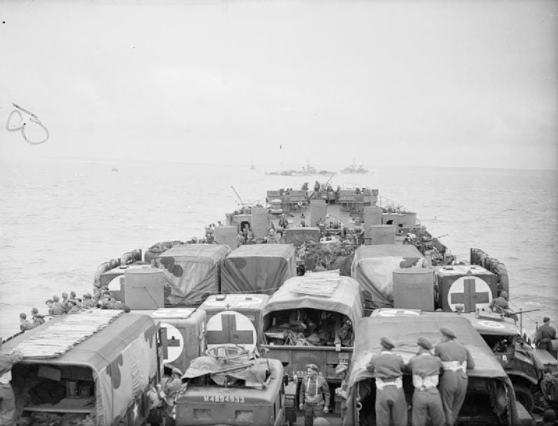 Vehicles and supplies on the deck of a U.S. tank landing ship off Normandy, June 6, 1944 Vehicles and supplies on the deck of a U.S. tank landing ship off Normandy, June 6, 1944