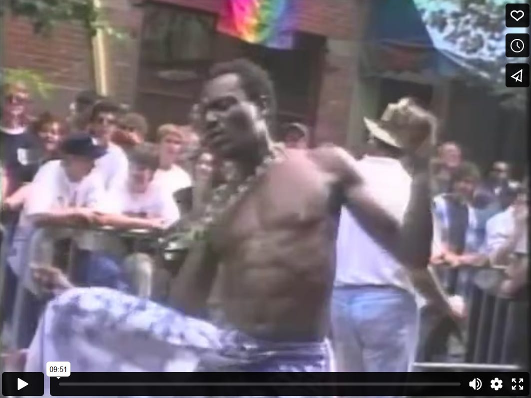 Vimeo player with a thumbnail image from the film “Via New York”, showing a Black person dancing at a Pride parade