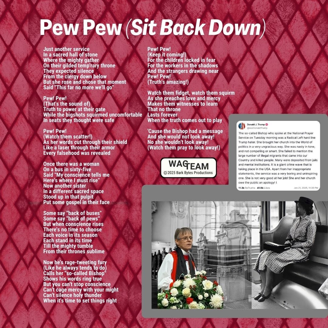 Deep red cathedral-window backdrop frames the words that made the mighty squirm