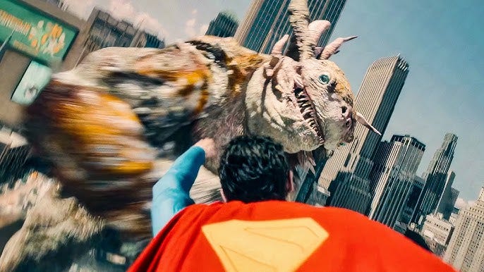 Superman punches a massive kaiju-like monster in front of a city skyline, as seen in the 2025 Superman movie trailer.