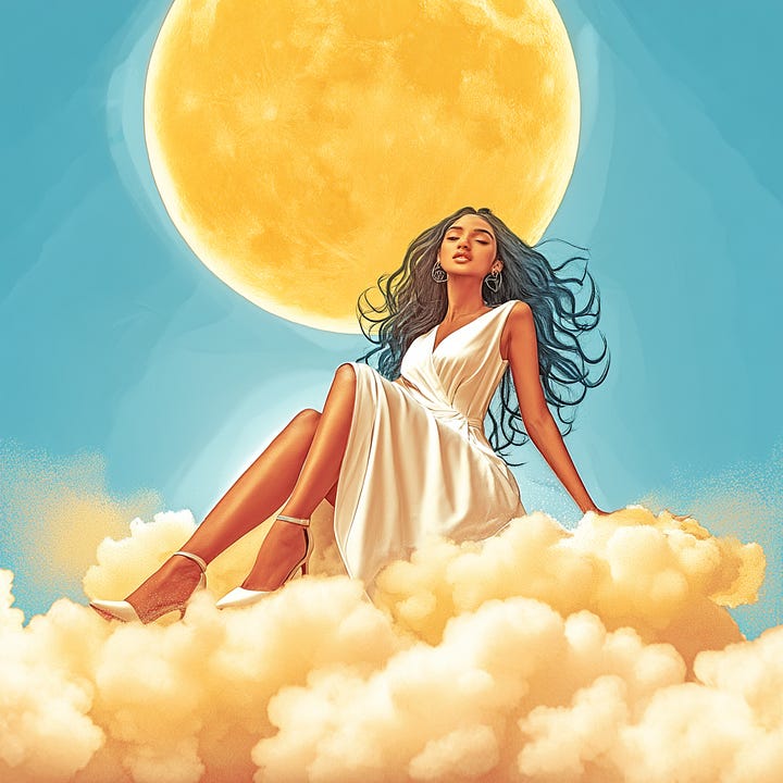 A dark-skinned woman with long flowing silk-textured hair on soft ground, a large glowing sun forms a circular backdrop. The woman wears a flowing white silk dress