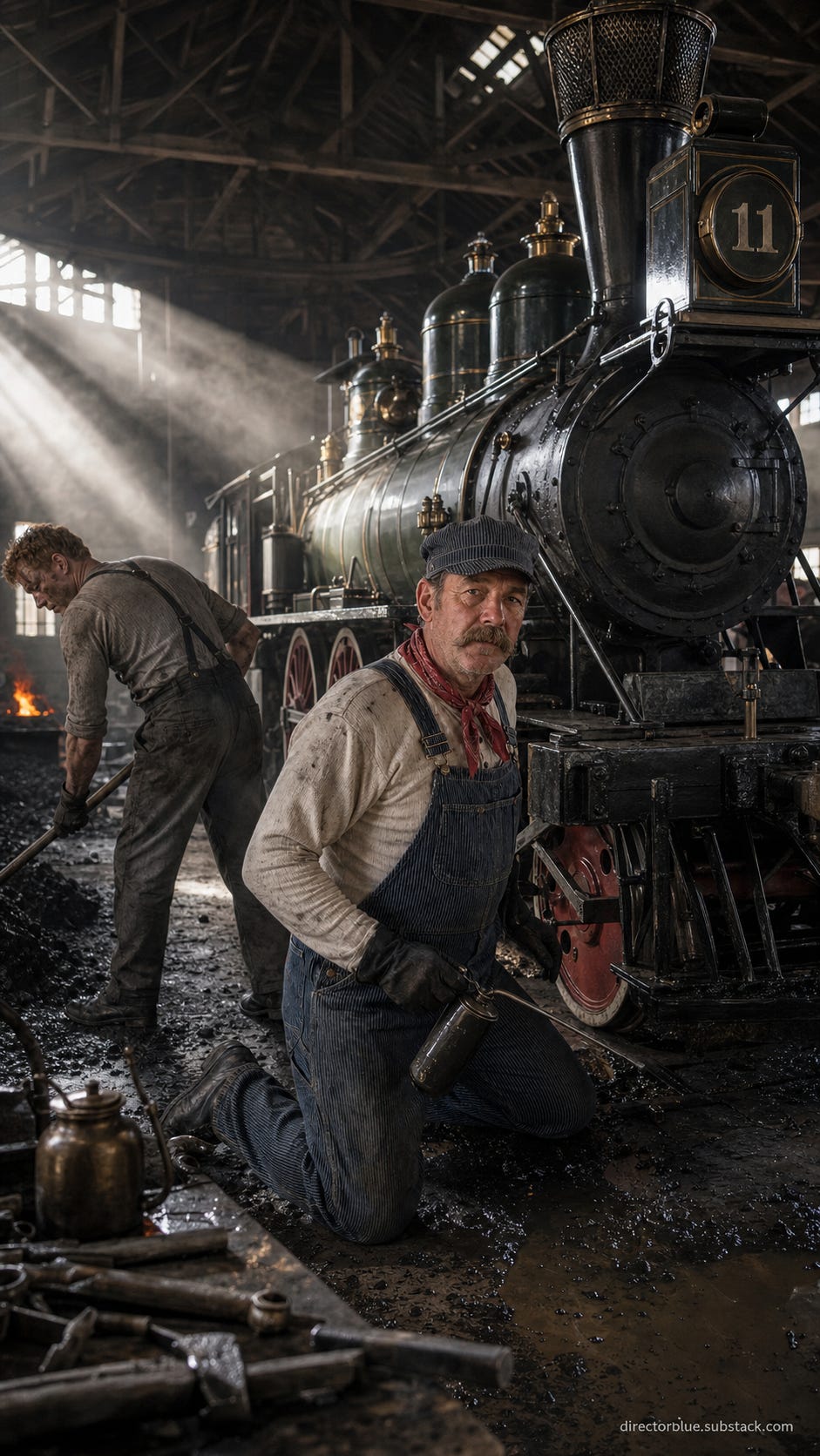 next in series please IMAGE PROMPT FOR UNIVERSITY HISTORY CLASS REENACTMENT H201: Hyperrealistic photograph, 9x16 vertical format, shot with 24mm lens at f/4, dramatic shafts of morning sunlight cutting through coal smoke. Interior of an 1881 railroad roundhouse, massive timber roof trusses, sootblackened brick walls, greasestained concrete pit floor. A Rogers 440 Americantype steam locomotive numbered “11” on its oil headlamp, polished brass fittings, diamond stack spark arrestor, dark green boiler jacket with gold pinstriping, large redpainted driving wheels. William “Choppy” Foote — same man as before, 46, weathered hazeleyed white man, saltandpepper walrus mustache, thinning dark brown oiled hair, no beard — now wearing the same navy and white pinstriped bib overalls over the henley, plus a pinstripe engineer’s cap, red bandana at neck, longbilled oil can in his gloved right hand, a brass pocketwatch chain dangling from a pocket. He is kneeling threequarters to the camera beside the locomotive’s running gear, face lit orange by firebox glow. His fireman, Frank McMillan, 28, pale freckled Irish skin, sandyred hair matted with sweat and coal, dirty ginger mustache, green eyes, black smudges on his cheeks and forehead, wearing a grey woolen shirt rolled to the elbows, black suspenders, grey canvas trousers, hobnail boots, shovels coal in the background facing away from camera. Gritty realism, airborne coal dust, oilslick puddles, tools scattered on a bench. Small subtle footer watermark: directorblue.substack.com next in series please IMAGE PROMPT FOR UNIVERSITY HISTORY CLASS REENACTMENT H201: Hyperrealistic photograph, 9x16 vertical format, shot with 24mm lens at f/4, dramatic shafts of morning sunlight cutting through coal smoke. Interior of an 1881 railroad roundhouse, massive timber roof trusses, sootblackened brick walls, greasestained concrete pit floor. A Rogers 440 Americantype steam locomotive numbered “11” on its oil headlamp, polished brass fittings, diamond stack spark arrestor, dark green boiler jacket with gold pinstriping, large redpainted driving wheels. William “Choppy” Foote — same man as before, 46, weathered hazeleyed white man, saltandpepper walrus mustache, thinning dark brown oiled hair, no beard — now wearing the same navy and white pinstriped bib overalls over the henley, plus a pinstripe engineer’s cap, red bandana at neck, longbilled oil can in his gloved right hand, a brass pocketwatch chain dangling from a pocket. He is kneeling threequarters to the camera beside the locomotive’s running gear, face lit orange by firebox glow. His fireman, Frank McMillan, 28, pale freckled Irish skin, sandyred hair matted with sweat and coal, dirty ginger mustache, green eyes, black smudges on his cheeks and forehead, wearing a grey woolen shirt rolled to the elbows, black suspenders, grey canvas trousers, hobnail boots, shovels coal in the background facing away from camera. Gritty realism, airborne coal dust, oilslick puddles, tools scattered on a bench. Small subtle footer watermark: directorblue.substack.com