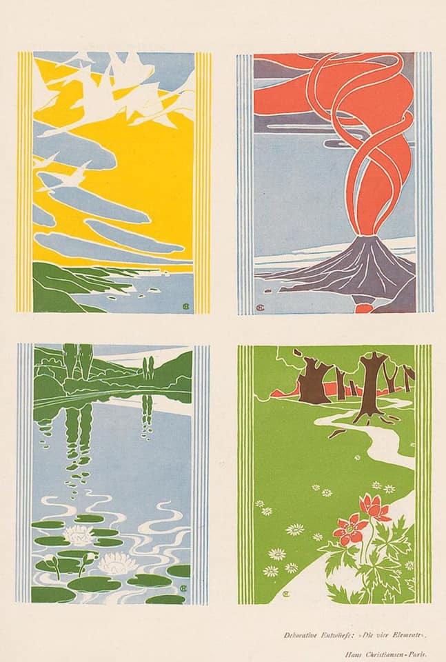 image: a golden sky, a volcano, a lake, and a forest representing the four classical elements image: a golden sky, a volcano, a lake, and a forest representing the four classical elements