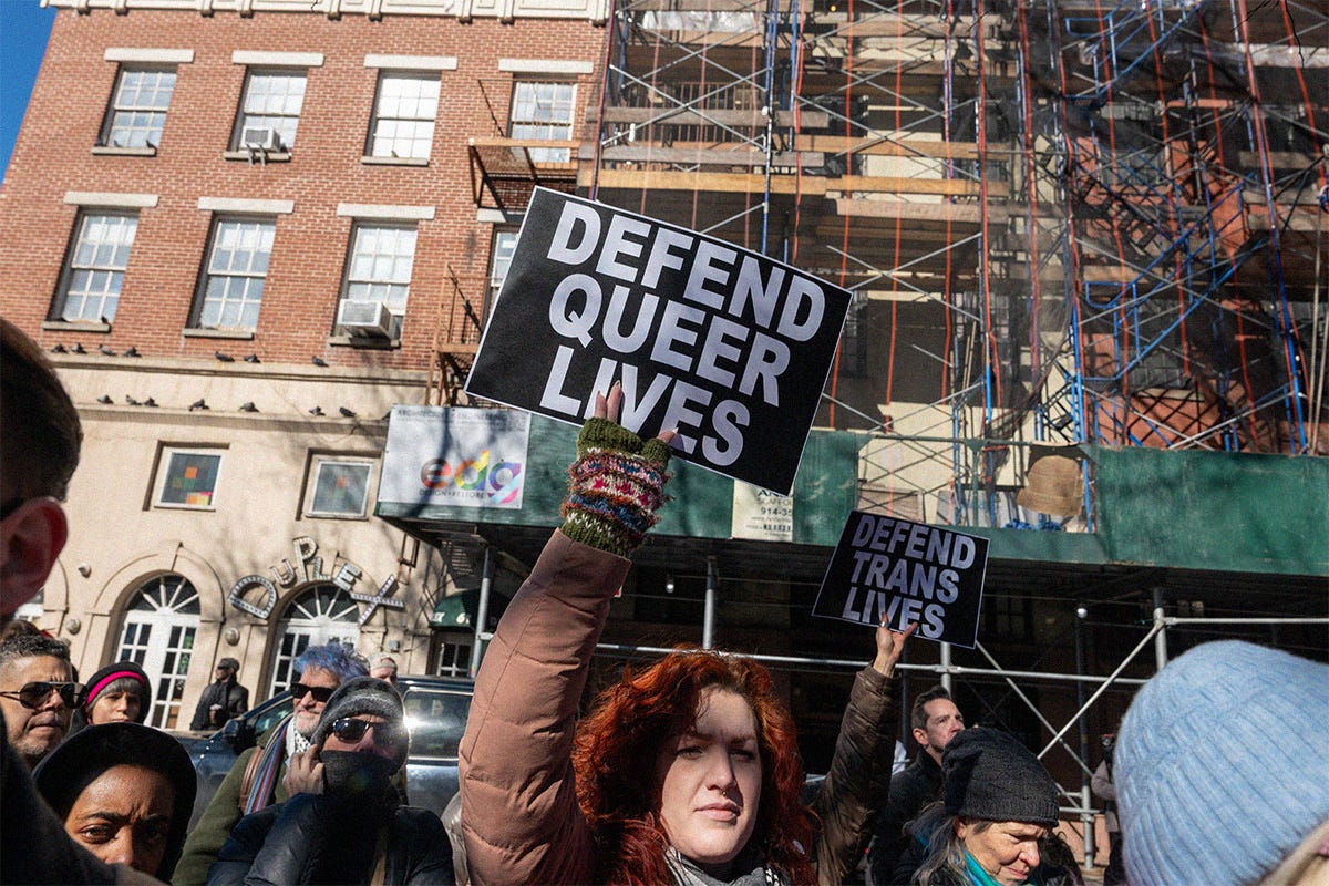 People protest the removal of the word “transgender” from the Stonewall National Monument website during a rally outside of The Stonewall Inn on February 14, 2025 People protest the removal of the word “transgender” from the Stonewall National Monument website during a rally outside of The Stonewall Inn on February 14, 2025