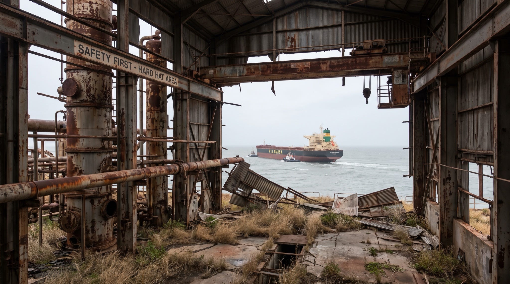 The interior of a derelict Australian refinery, rusted and overgrown, with a fully laden bulk ore carrier under way framed through a gap in the structure